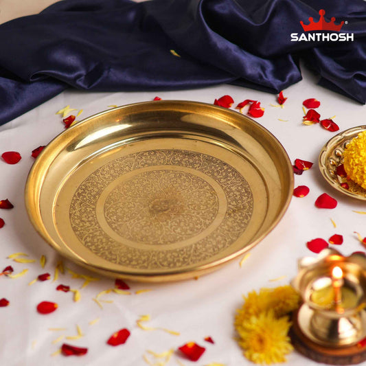 Sacred Needs Brass China Etching Plate – 9.5 Inch (24.1 cm) Diameter | Traditional Engraved Brass Pooja Thali for Temple, Rituals & Home Decor