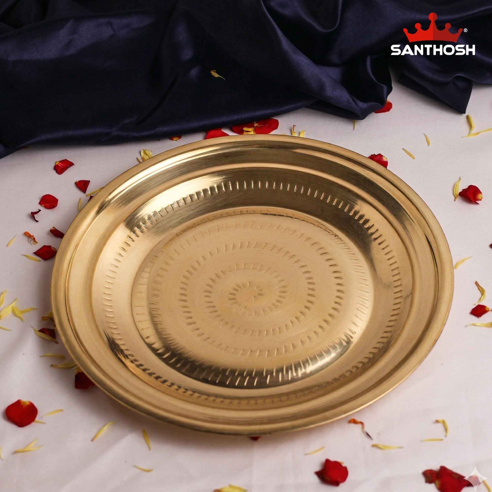Sacred Needs Brass Pottu Parat Plate – 11.5 Inch (29.2 cm) Length | Traditional Brass Kumkum & Pooja Plate for Temple Rituals, Festivals & Home Worship