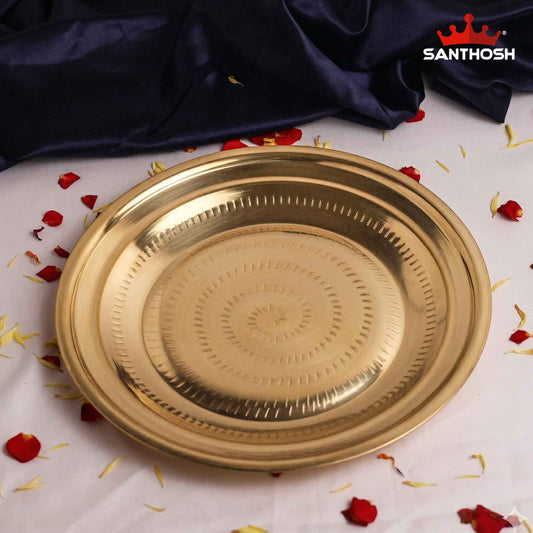 Sacred Needs Brass Pottu Parat Plate – 11.5 Inch (29.2 cm) Length | Traditional Brass Kumkum & Pooja Plate for Temple Rituals, Festivals & Home Worship