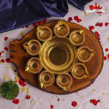 Sacred Needs Brass Urli with 9 Deepam – 1.3 Inch (3.3 cm) Height | Traditional Brass Urli Diya Bowl with 9 Oil Lamps for Pooja, Festivals & Home Decor