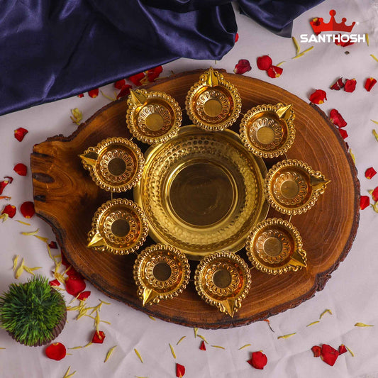 Sacred Needs Brass Urli with 9 Deepam – 10.5 Inch (26.7 cm) Diameter | Traditional Brass Urli Bowl with 9 Diya Holders for Floating Flowers, Festive Decor & Pooja