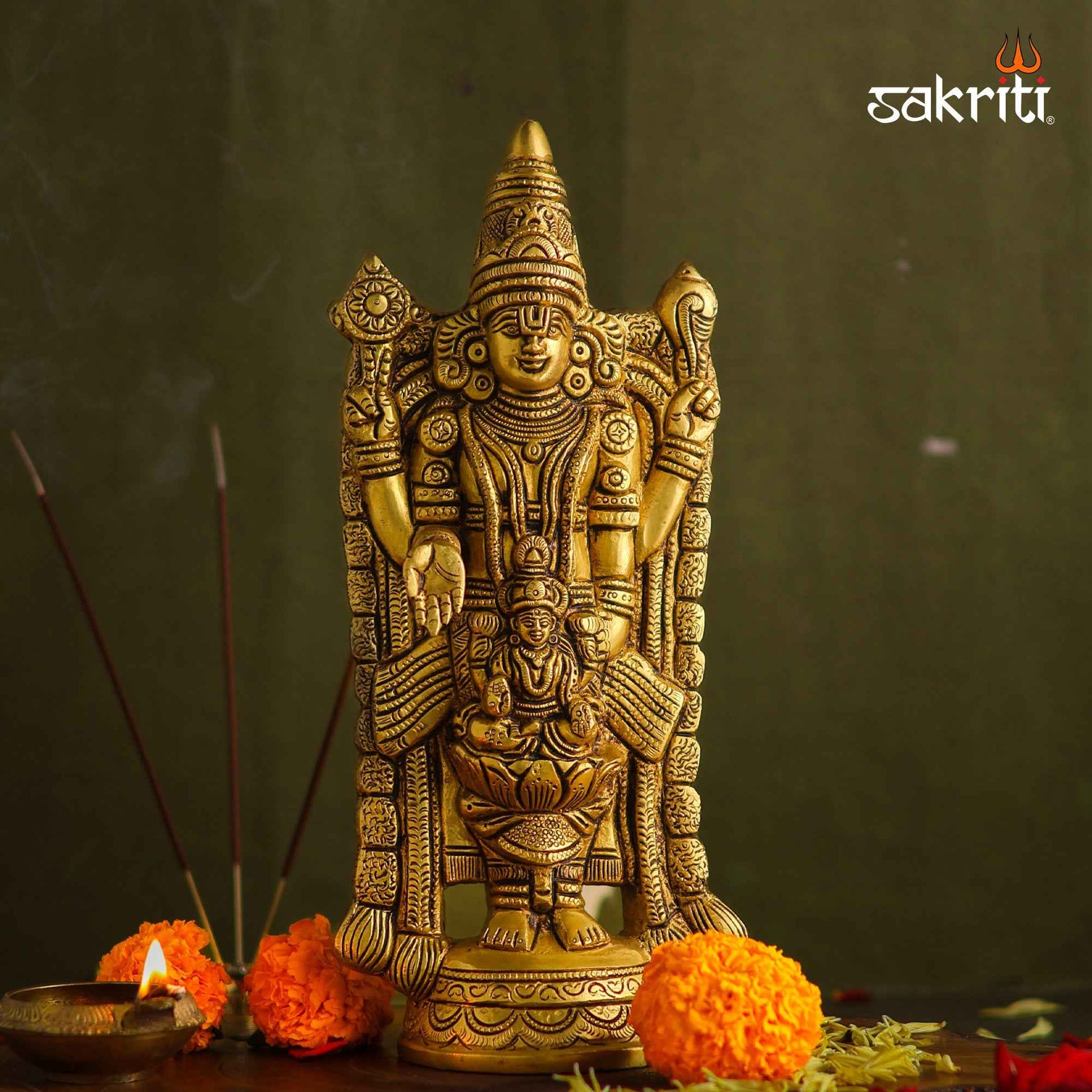 Sacred Needs Brass Lakshmi Balaji Idol – 12 Inch (30.5 cm) Height | Lord Venkateswara with Goddess Lakshmi Statue for Temple, Pooja Room & Home Décor