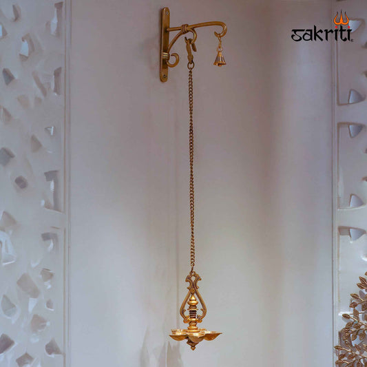 Sacred Needs Brass Hanging Vilakku – 30 Inch (76.2 cm) Height | Traditional Brass Hanging Oil Lamp for Temple, Pooja Room & Festive Decor