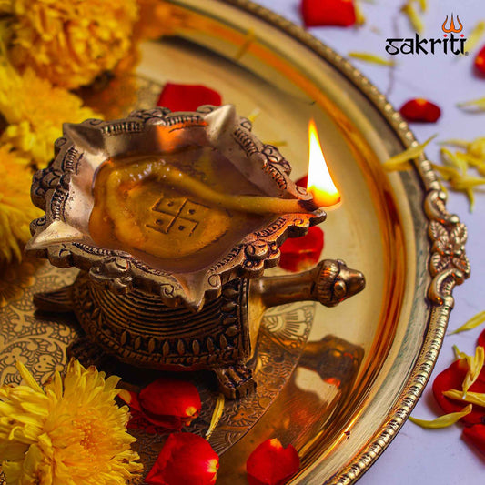 Sacred Needs Brass Swastik Tortoise Agal – 1.8 Inch (4.6 cm) Height | Traditional Brass Oil Lamp Diya with Swastik & Tortoise Design for Pooja, Temple & Home Decor