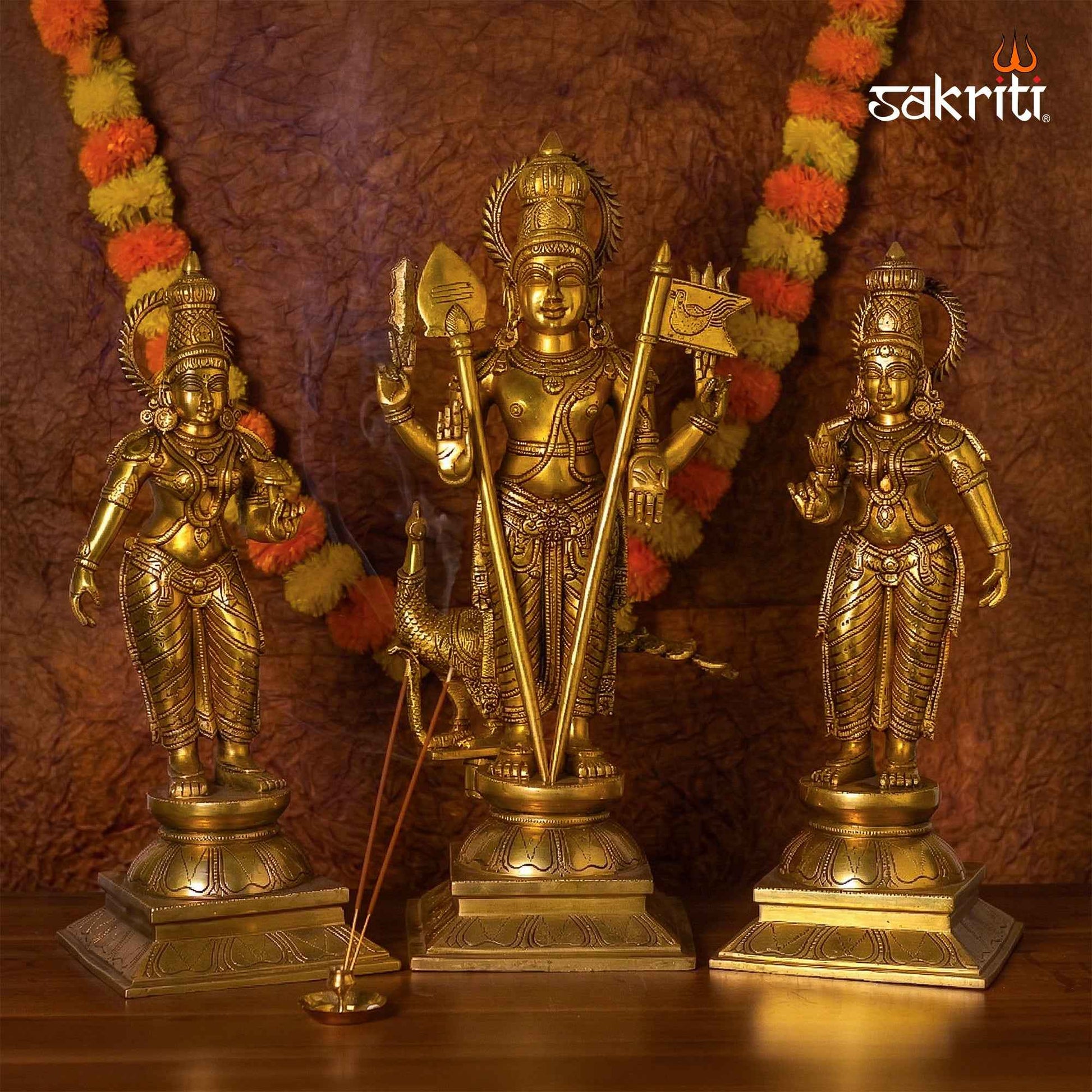 Sacred Needs Brass Murugan Idol Set – 22.5 Inch (57.2 cm) Height | Lord Murugan Statue Set for Temple, Pooja Room & Spiritual Home Decor