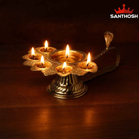 Sacred Needs Brass 5 Face Aarti Lamp – 5 Inch (12.7 cm) Height | Traditional Panchmukhi Brass Aarti Diya for Temple, Pooja Room & Hindu Rituals