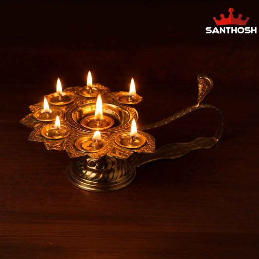 Sacred Needs Brass 7 Face Aarti Lamp – 5 Inch (12.7 cm) Height | Traditional 7 Wick Brass Aarti Diya for Temple, Pooja Rituals & Festivals