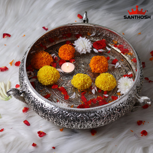 Sacred Needs Copper Peacock Urli Bowl –4.3 Inch (10.9 cm) Height | Decorative Urli for Floating Flowers, Candles, Pooja & Home Décor