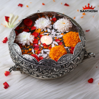 Sacred Needs Copper Lotus Peacock Urli – 4.1 Inch (10.4 cm) Height | Decorative Urli Bowl for Floating Flowers, Candles, Pooja & Home Décor