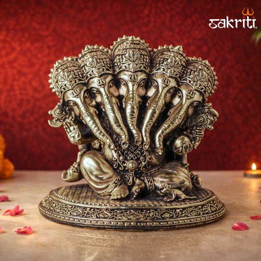 Sacred Needs Brass Pancha Mukha Ganesha Idol – 5.3 Inch (13.5 cm) Height | Five Face Ganesha Statue for Protection, Pooja Room & Home Temple Décor