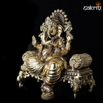 Sacred Needs Brass Sopha Ganesha Idol – 8.3 Inch (21.1 cm) Height | Lord Ganesha Statue for Success, Wisdom & Home Temple