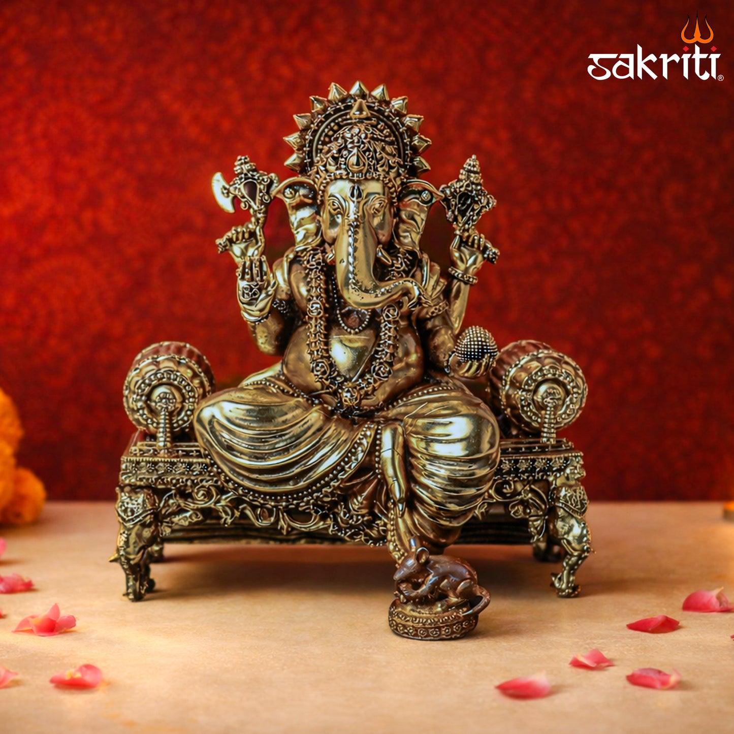 Sacred Needs Brass Sopha Ganesha Idol – 8.3 Inch (21.1 cm) Height | Lord Ganesha Statue for Success, Wisdom & Home Temple