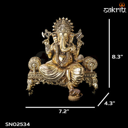 Sacred Needs Brass Sopha Ganesha Idol – 8.3 Inch (21.1 cm) Height | Lord Ganesha Statue for Success, Wisdom & Home Temple