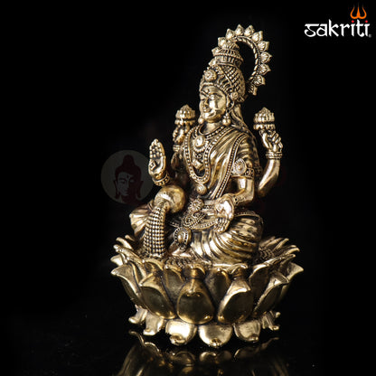 Sacred Needs Brass Lotus Lakshmi Idol – 5.9 Inch (15 cm) Height | Goddess Lakshmi Statue for Wealth, Prosperity & Pooja Room Décor