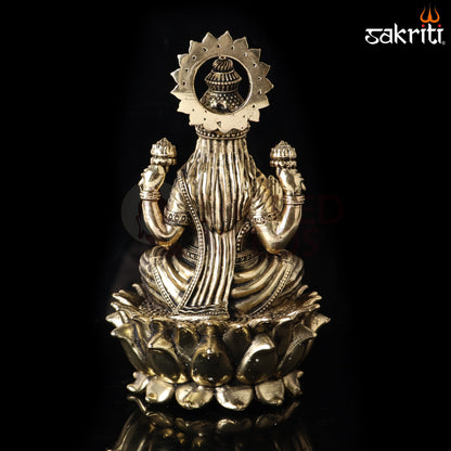 Sacred Needs Brass Lotus Lakshmi Idol – 5.9 Inch (15 cm) Height | Goddess Lakshmi Statue for Wealth, Prosperity & Pooja Room Décor