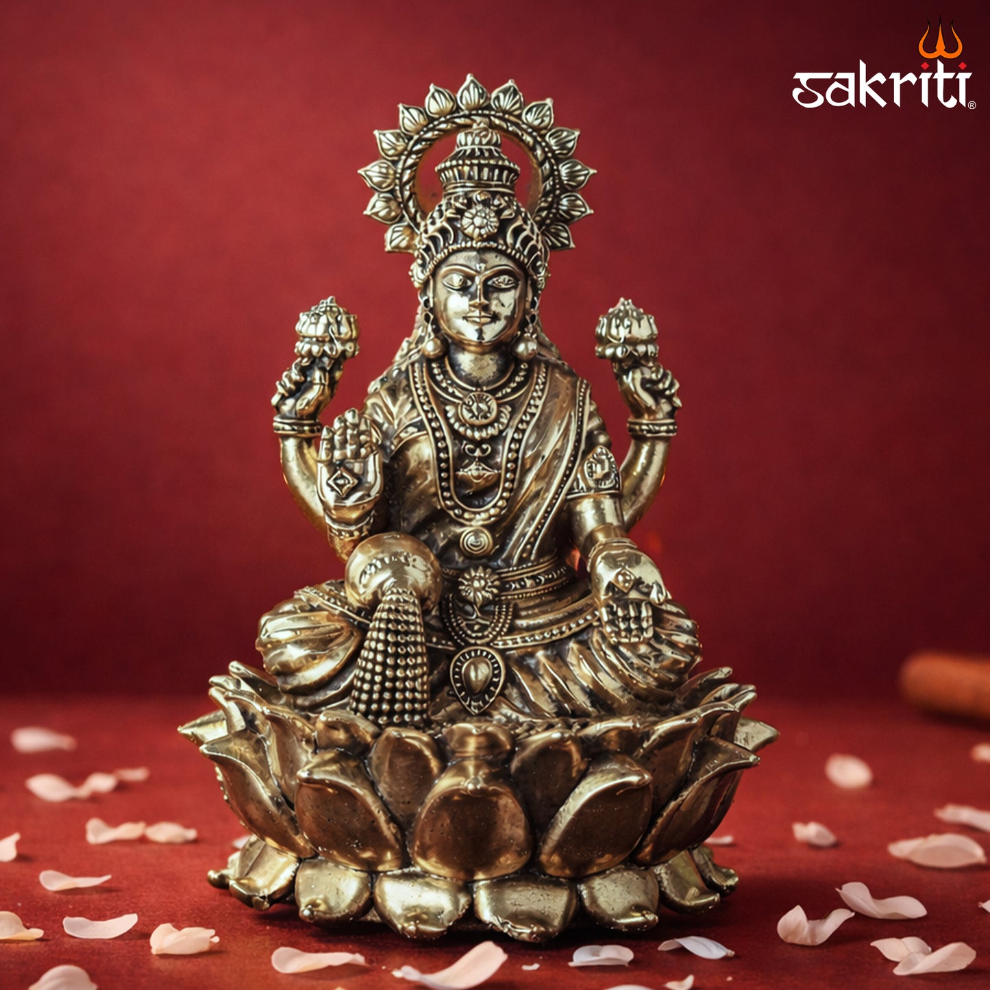 Sacred Needs Brass Lotus Lakshmi Idol – 5.9 Inch (15 cm) Height | Goddess Lakshmi Statue for Wealth, Prosperity & Pooja Room Décor