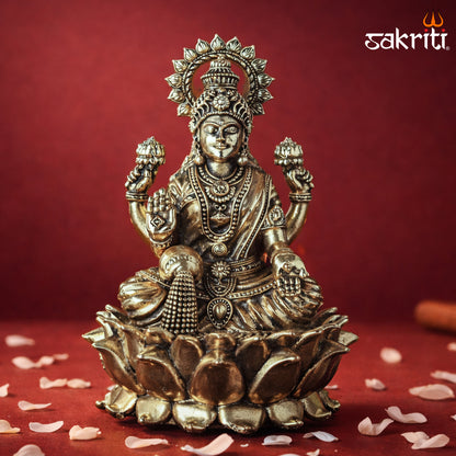 Sacred Needs Brass Lotus Lakshmi Idol – 5.9 Inch (15 cm) Height | Goddess Lakshmi Statue for Wealth, Prosperity & Pooja Room Décor