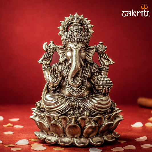 Sacred Needs Brass Lotus Ganesha Idol – 5.9 Inch (15 cm) Height | Lord Ganesha Statue for Pooja, Home Temple & Spiritual Décor