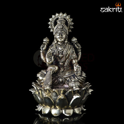 Sacred Needs Brass Lotus Lakshmi Idol – 5 Inch (12.7 cm) Height | Goddess Lakshmi Statue for Wealth & Home Temple Décor