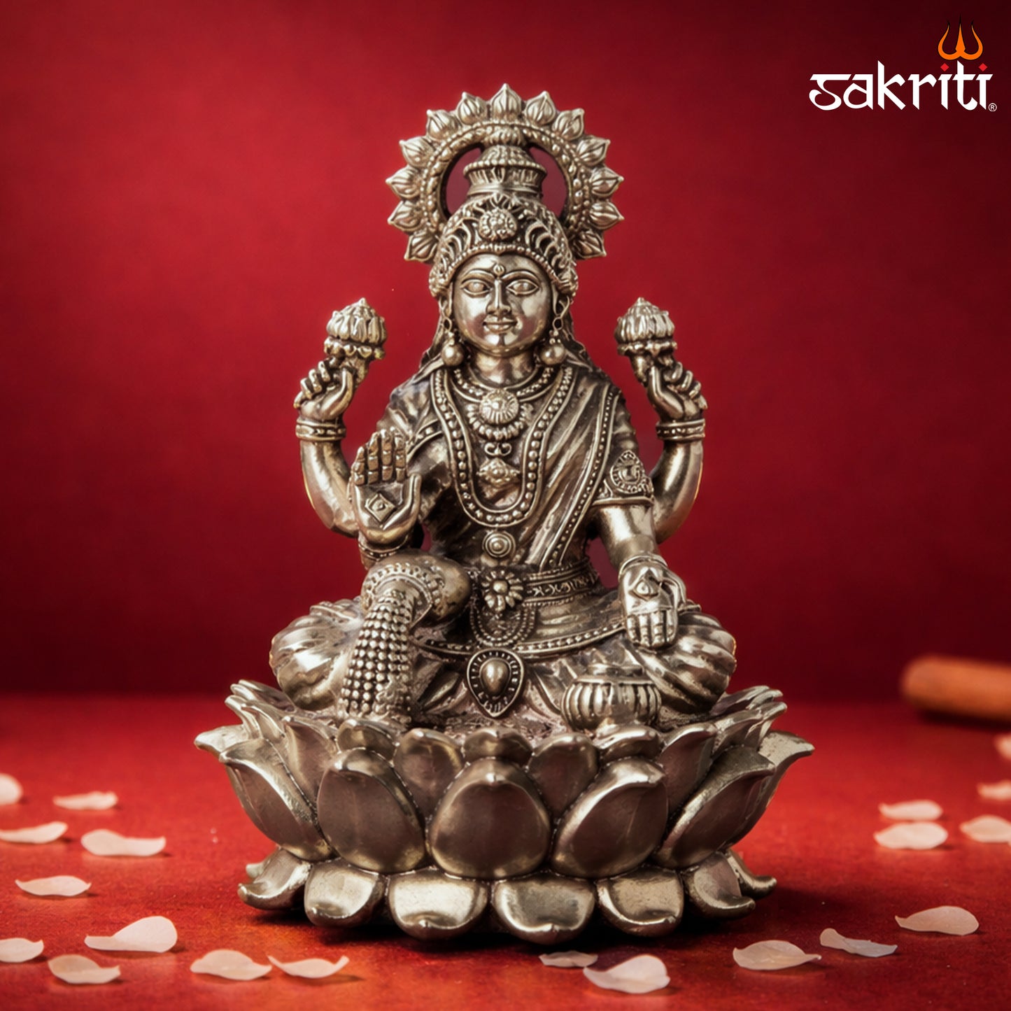 Sacred Needs Brass Lotus Lakshmi Idol – 5 Inch (12.7 cm) Height | Goddess Lakshmi Statue for Wealth & Home Temple Décor