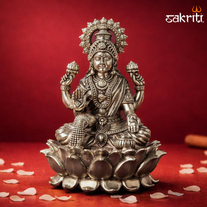 Sacred Needs Brass Lotus Lakshmi Idol – 5 Inch (12.7 cm) Height | Goddess Lakshmi Statue for Wealth & Home Temple Décor