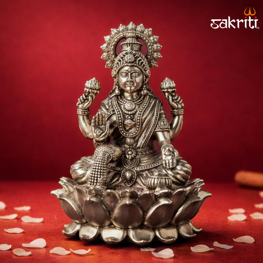 Sacred Needs Brass Lotus Lakshmi Idol – 5 Inch (12.7 cm) Height | Goddess Lakshmi Statue for Wealth & Home Temple Décor