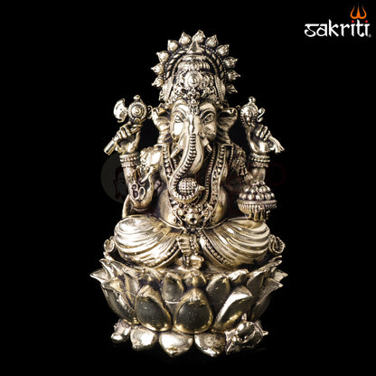 Sacred Needs Brass Lotus Ganesha Idol – 4.8 Inch (12.2 cm) Height | Decorative Ganesha Statue for Pooja & Home Décor