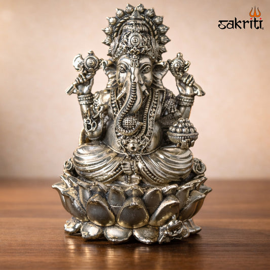 Sacred Needs Brass Lotus Ganesha Idol – 4.8 Inch (12.2 cm) Height | Decorative Ganesha Statue for Pooja & Home Décor
