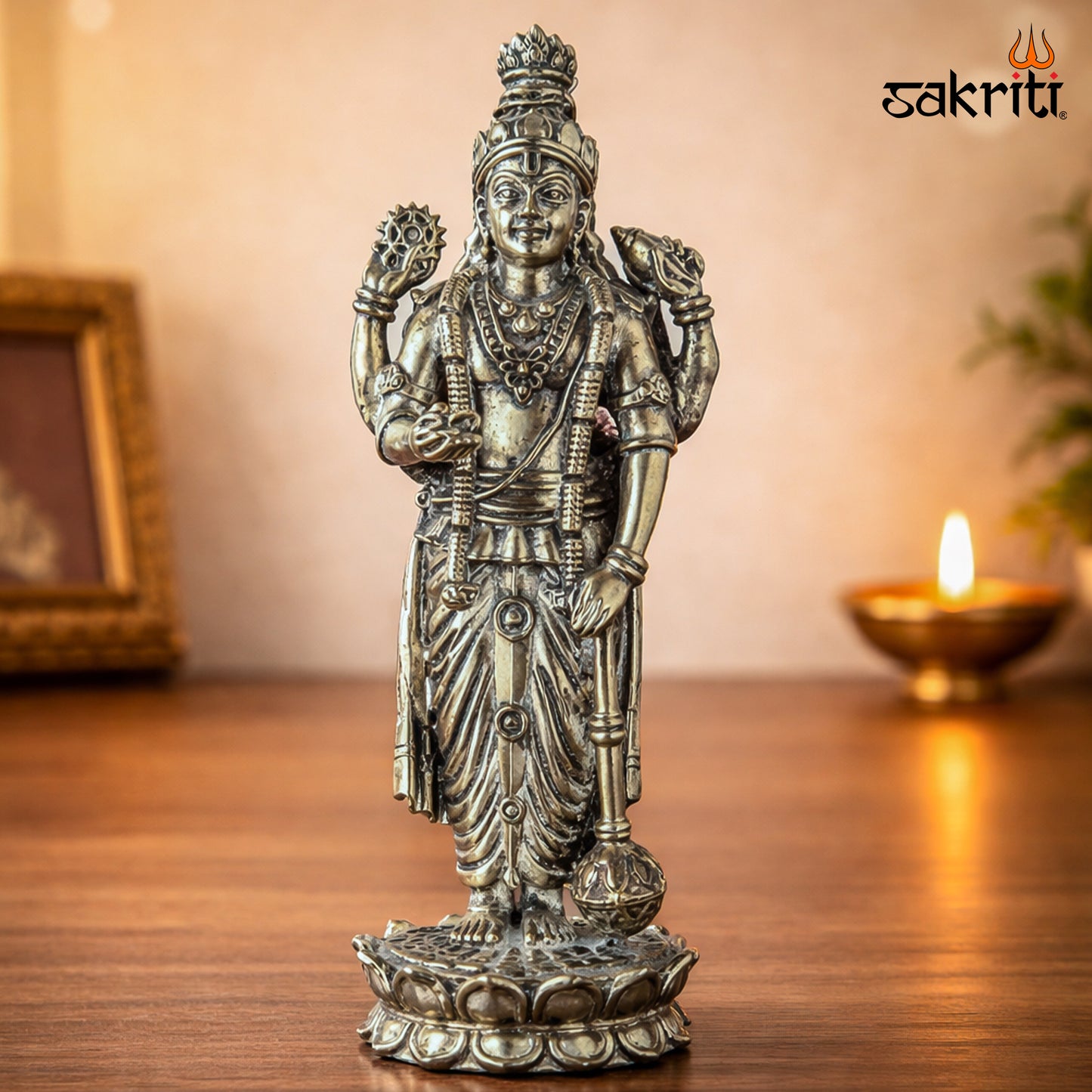 Sacred Needs Brass Vishnu Idol – 6.4 Inch (16.3 cm) Height | Lord Vishnu Statue for Temple, Pooja Room & Home Décor