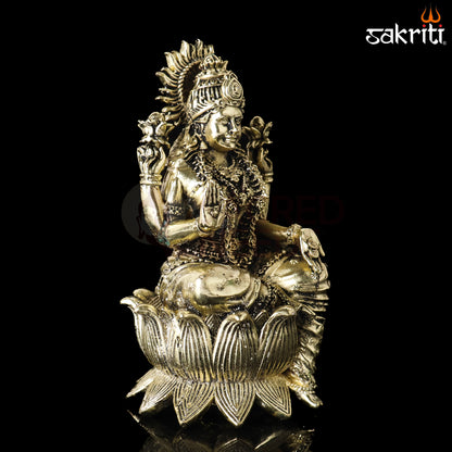 Sacred Needs Brass Lotus Lakshmi Idol – 5.2 Inch (13.2 cm) Height | Goddess Lakshmi Statue for Wealth & Prosperity