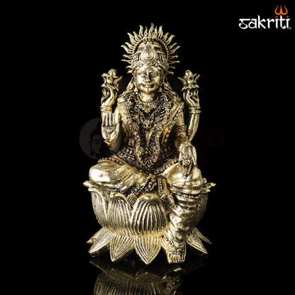 Sacred Needs Brass Lotus Lakshmi Idol – 5.2 Inch (13.2 cm) Height | Goddess Lakshmi Statue for Wealth & Prosperity