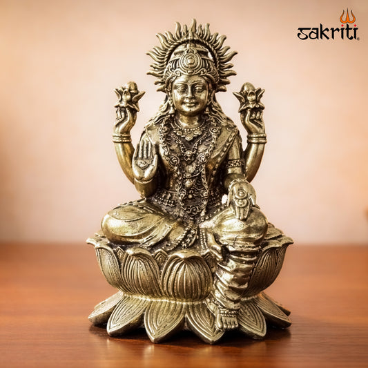 Sacred Needs Brass Lotus Lakshmi Idol – 5.2 Inch (13.2 cm) Height | Goddess Lakshmi Statue for Wealth & Prosperity