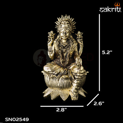 Sacred Needs Brass Lotus Lakshmi Idol – 5.2 Inch (13.2 cm) Height | Goddess Lakshmi Statue for Wealth & Prosperity
