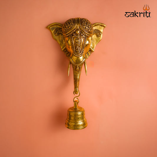 Sacred Needs Brass Elephant Head with Bell Wall Mount – 14.5 Inch (36.8 cm) Height | Decorative Brass Elephant Wall Hanging for Entrance, Pooja Room & Home Décor