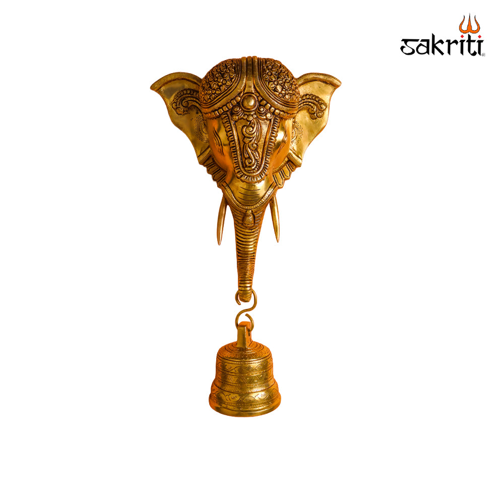 Sacred Needs Brass Elephant Head with Bell Wall Mount – 14.5 Inch (36.8 cm) Height | Decorative Brass Elephant Wall Hanging for Entrance, Pooja Room & Home Décor