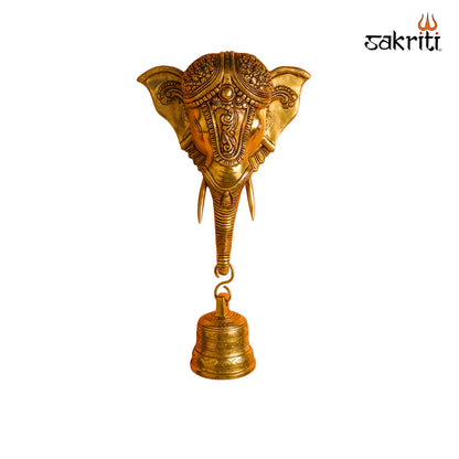 Sacred Needs Brass Elephant Head with Bell Wall Mount – 14.5 Inch (36.8 cm) Height | Decorative Brass Elephant Wall Hanging for Entrance, Pooja Room & Home Décor