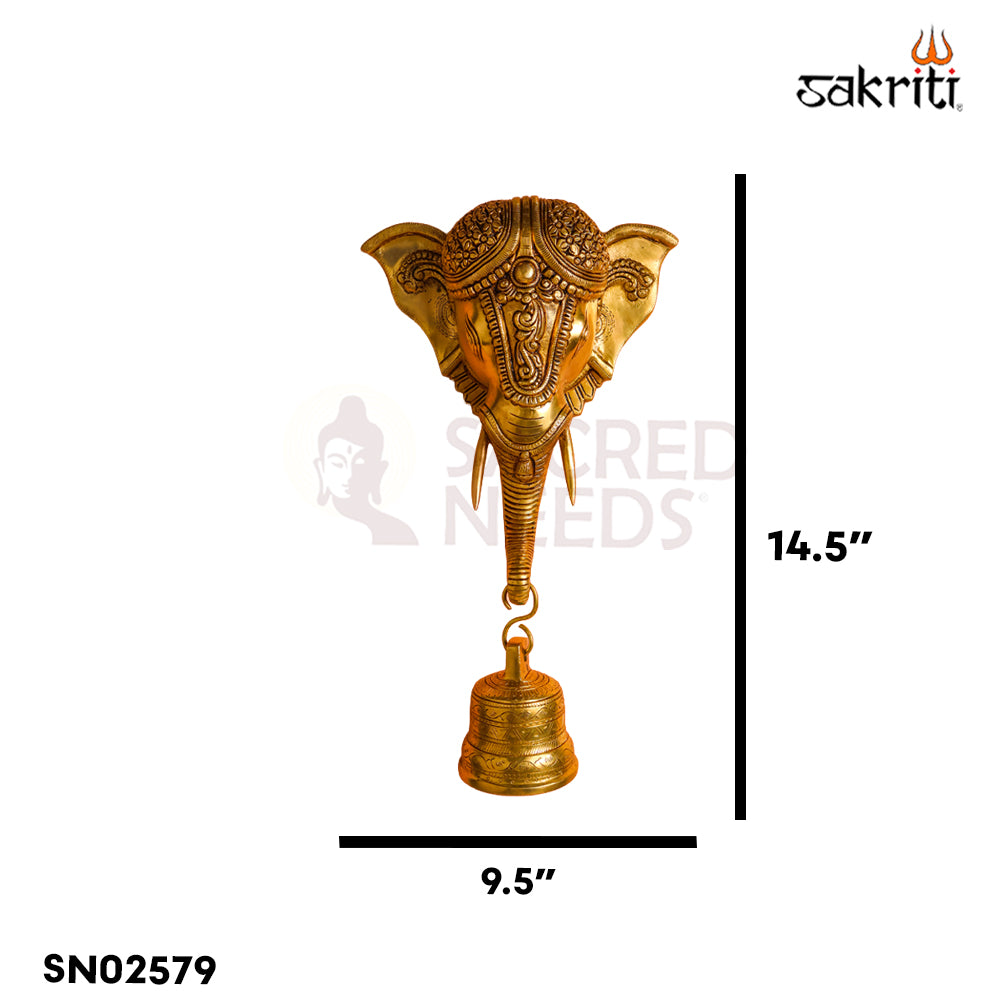 Sacred Needs Brass Elephant Head with Bell Wall Mount – 14.5 Inch (36.8 cm) Height | Decorative Brass Elephant Wall Hanging for Entrance, Pooja Room & Home Décor