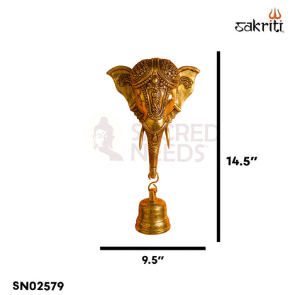 Sacred Needs Brass Elephant Head with Bell Wall Mount – 14.5 Inch (36.8 cm) Height | Decorative Brass Elephant Wall Hanging for Entrance, Pooja Room & Home Décor