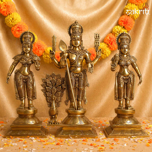 Sacred Needs Brass Murugan Valli Devanai Set – 18.5 Inch (47 cm) Height | Lord Murugan Family Idol Set for Pooja & Temple