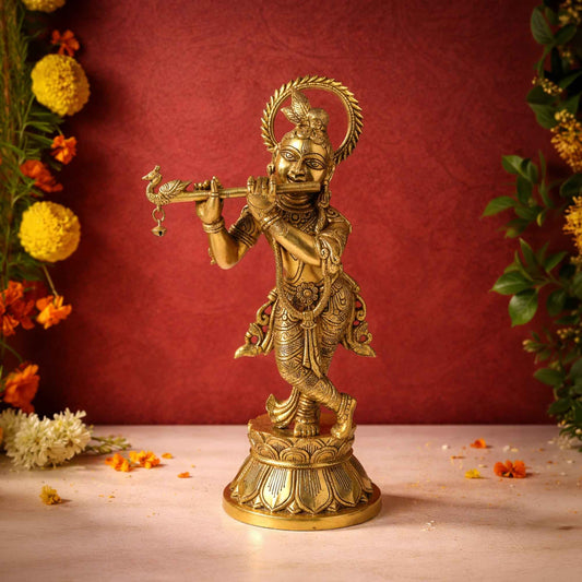 Sacred Needs Brass Krishna Idol – 18.5 Inch (47 cm) Height | Large Lord Krishna Statue for Temple, Pooja Room & Home Décor