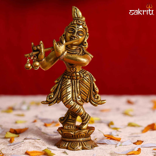 Sacred Needs Brass Krishna Idol – 5 Inch (12.7 cm) Height | Lord Krishna Statue for Pooja Room, Temple & Home Décor