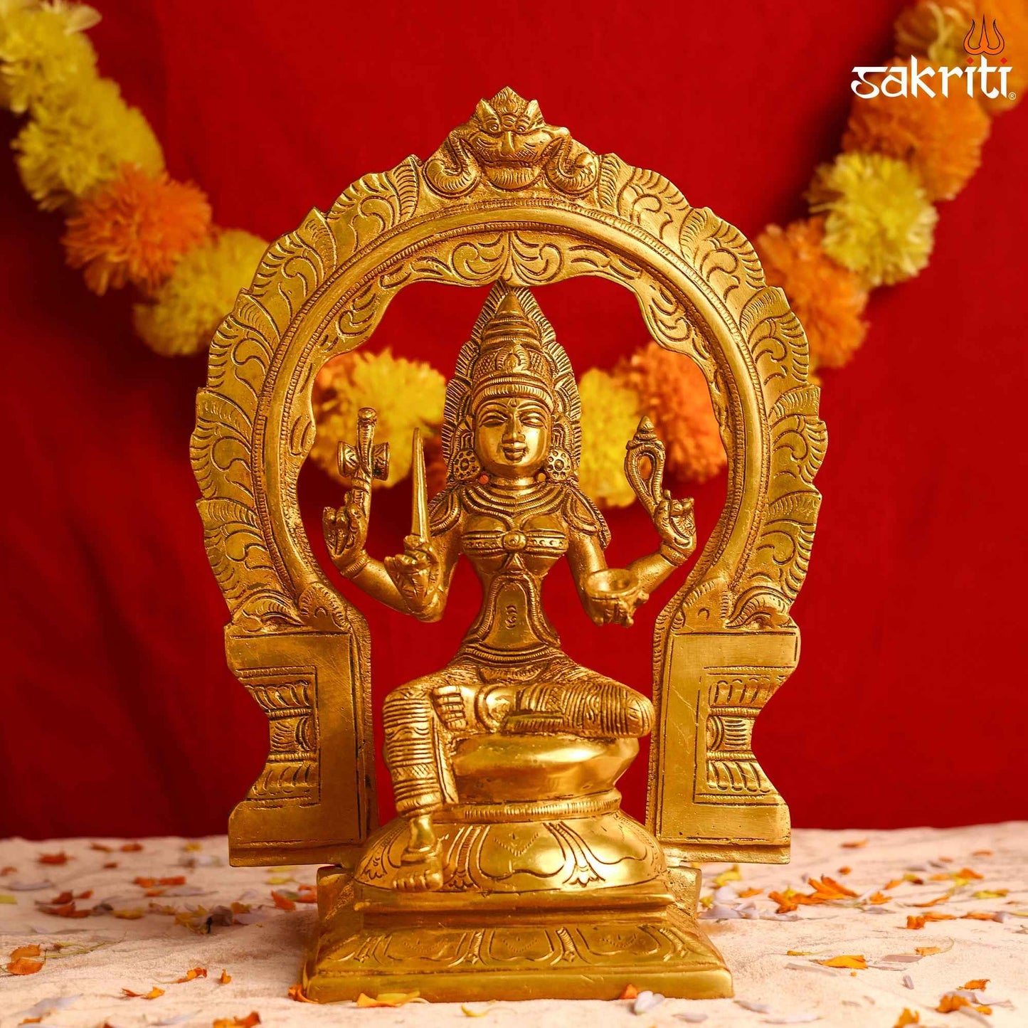 Sacred Needs Brass Frame Mariamman Idol – 12 Inch (30.5 cm) Height | Goddess Mariamman Statue with Decorative Frame for Temple & Pooja Room