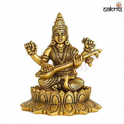 Sacred Needs Brass Lotus Saraswathi Idol – 5.5 Inch (14 cm) Height | Goddess Saraswati Statue for Education, Wisdom & Pooja Décor