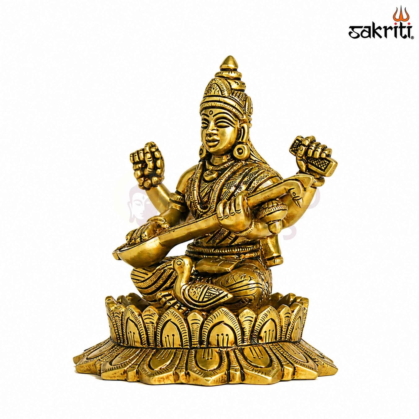 Sacred Needs Brass Lotus Saraswathi Idol – 5.5 Inch (14 cm) Height | Goddess Saraswati Statue for Education, Wisdom & Pooja Décor