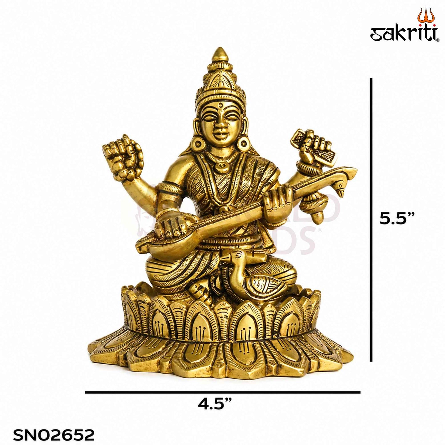 Sacred Needs Brass Lotus Saraswathi Idol – 5.5 Inch (14 cm) Height | Goddess Saraswati Statue for Education, Wisdom & Pooja Décor