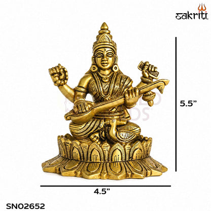 Sacred Needs Brass Lotus Saraswathi Idol – 5.5 Inch (14 cm) Height | Goddess Saraswati Statue for Education, Wisdom & Pooja Décor