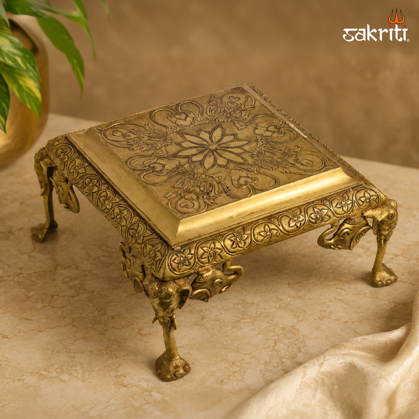Sacred Needs Brass Table Stand – 8 Inch (20.3 cm) Height | Traditional Decorative Brass Platform Stand for Idols, Diyas & Pooja Room Décor