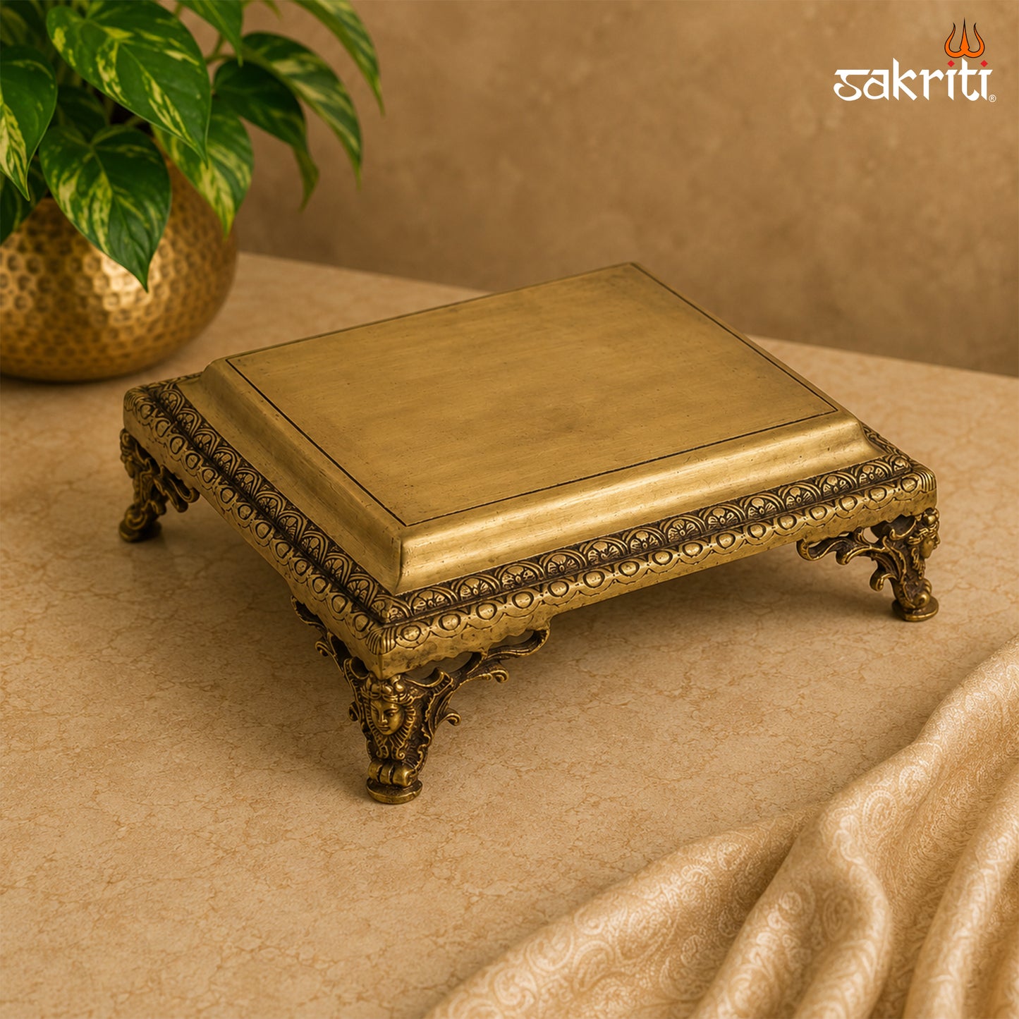 Sacred Needs Brass Decorative Table Stand – 4.5 Inch (11.4 cm) Height | Traditional Brass Platform for Idols, Lamps & Pooja Décor