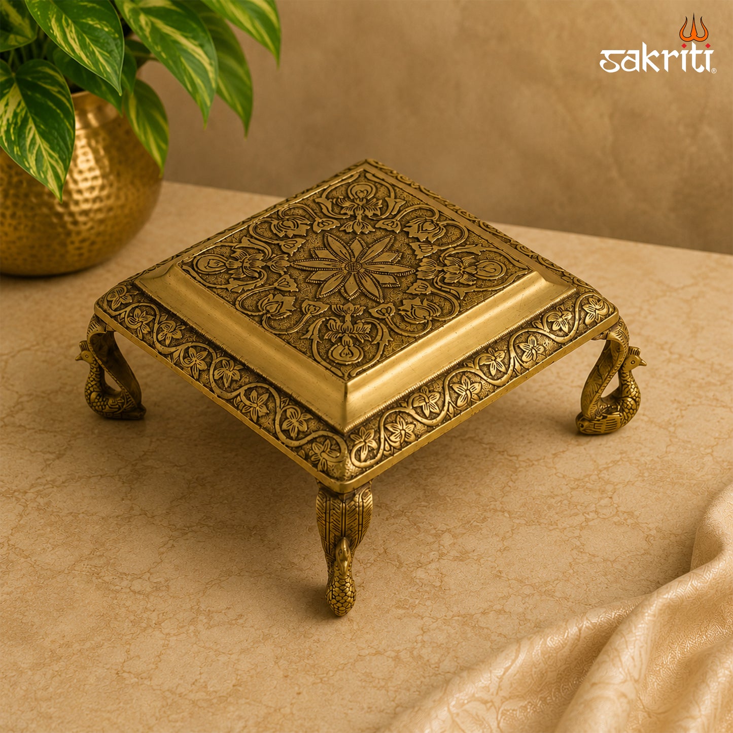 Sacred Needs Brass Decorative Stand – 5 Inch (12.7 cm) Height | Traditional Brass Platform Stand for Pooja & Temple Décor
