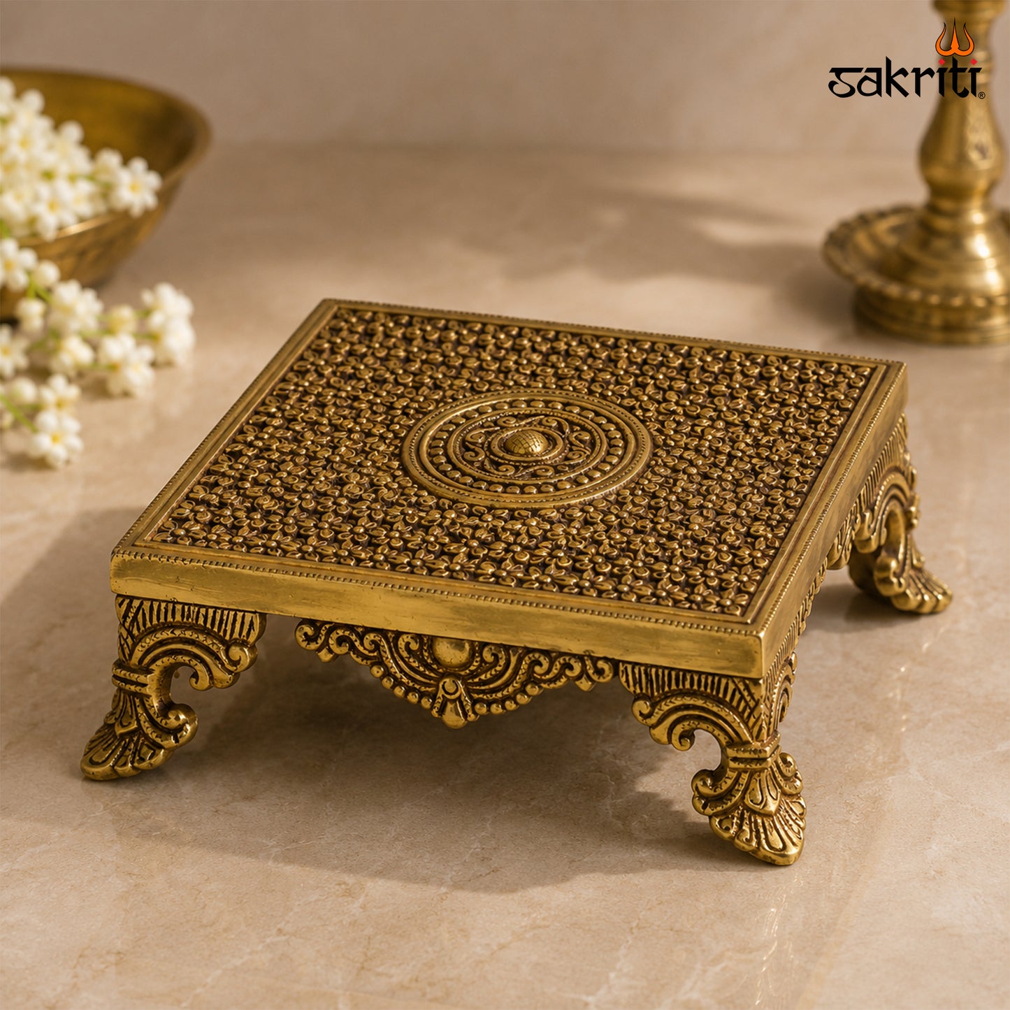 Sacred Needs Brass Pooja Table Stand – 2.2 Inch (5.6 cm) Height | Traditional Brass Pedestal Stand for Idols, Lamps & Temple Décor